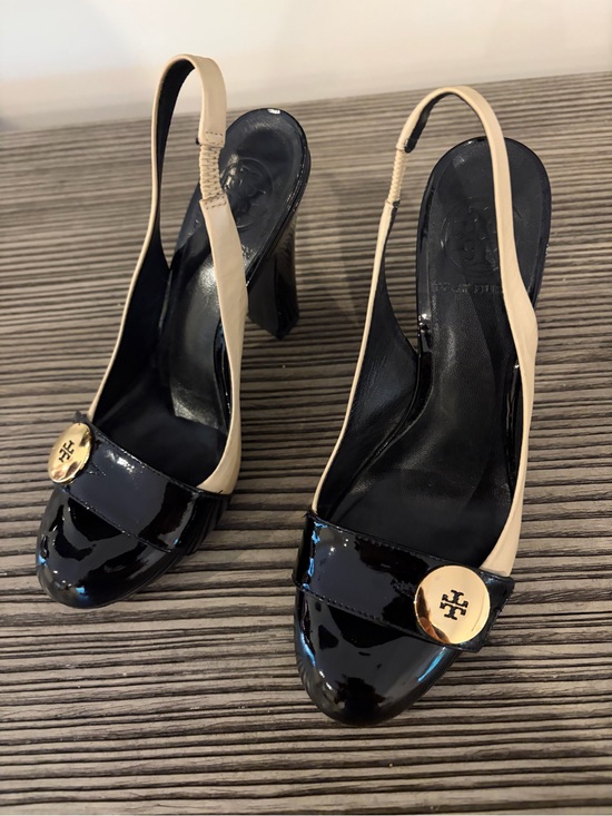 Tory Burch Shoes - Tory Burch Black and Cream Patent Leather Slingback Heels with Gold Logo